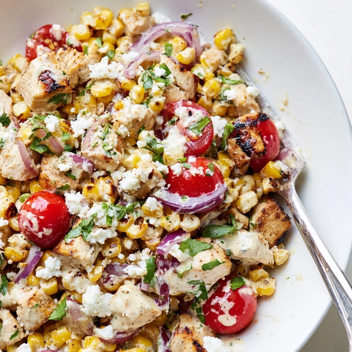 High Protein Chicken Street Corn Salad topped with crumbled cotija and fresh cilantro