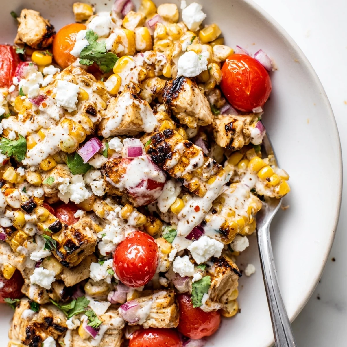 Creamy High Protein Chicken Street Corn Salad served in a rustic bowl with lime wedges