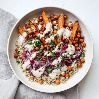 The One Pan Roasted Carrot Chickpea Bowl features fresh parsley and pomegranate seeds sprinkled over the vibrant, nutritious ingredients.