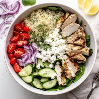 Lemon herb grilled chicken quinoa bowl with fresh spinach, red onion, and dill garnish, ready to serve as a healthy dinner.  