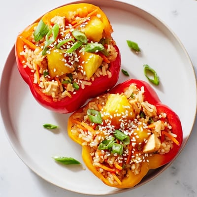 Teriyaki Pineapple Chicken and Rice Stuffed Peppers served on a white plate with fresh cilantro, perfect for a vibrant weeknight dinner.  