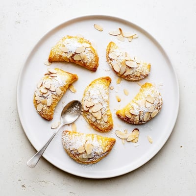 Golden-brown Almond Croissant Cookies displayed on a white plate next to a cup of coffee. 