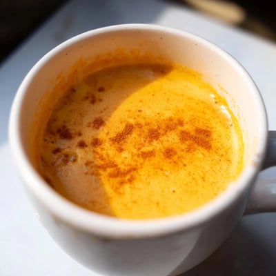 Vibrant purple Korean sweet potato latte poured steaming into a ceramic cup