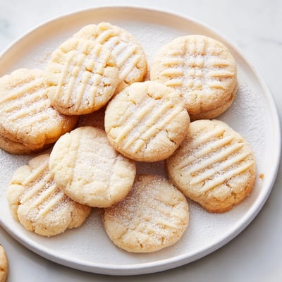 A plate of warm Grandma's Secret Butter Cookies beside a steaming cup of tea