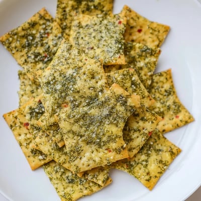 Tangy dill pickle saltines seasoned with garlic and herbs on a parchment-lined sheet