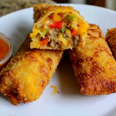 Close-up of voodoo egg rolls with visible Cajun sausage and melted cheddar filling
