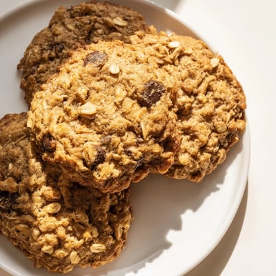 Soft chewy banana oatmeal cookies with oats and chocolate chips stacked