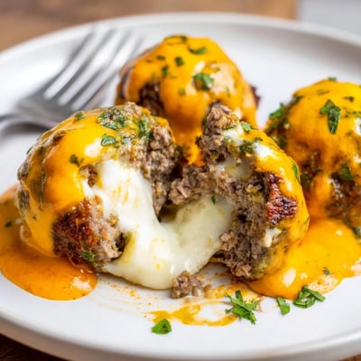 Cheese stuffed meatballs with spicy cheese sauce garnished with parsley and served hot