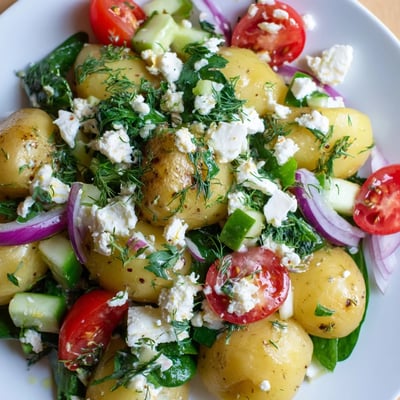 Warm potato and feta salad drizzled with tangy lemon dressing in a rustic bowl