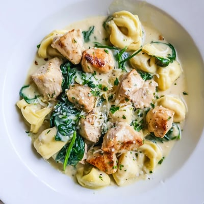 Golden seared chicken and tender tortellini tossed in creamy garlic spinach sauce