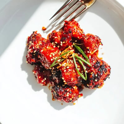 Caramelized Gochujang Chicken pieces with sesame seeds and sliced green onions