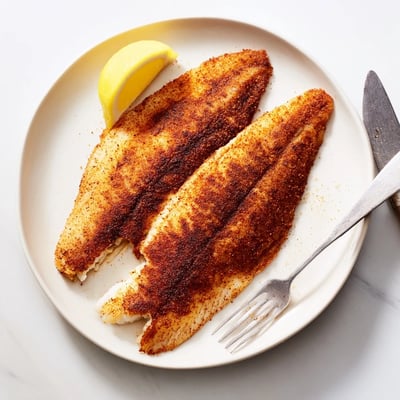 Pan fried tilapia with a seasoned crust nestled beside steamed vegetables and lemon slices