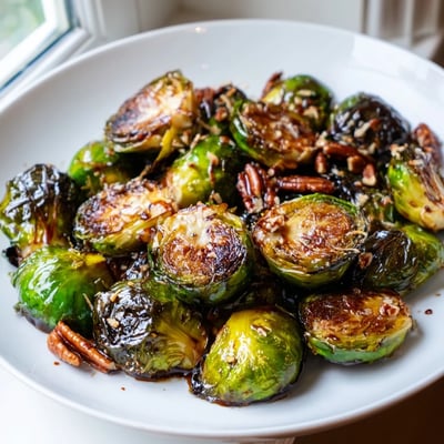 Honey balsamic Brussels sprouts sizzling on a sheet pan with charred edges